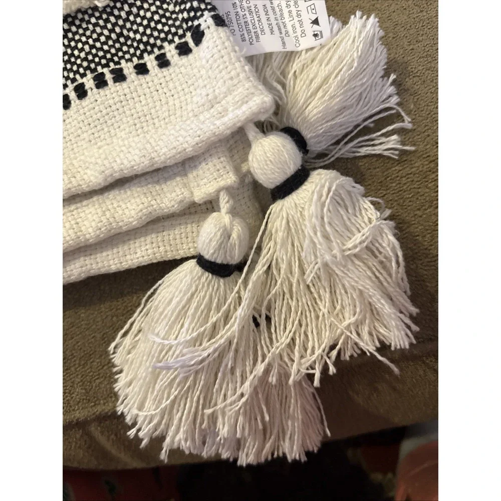 Cream Black Boho Throw Blanket With Tassels On Corners 64"x50" (TD) - Picture 3 of 4